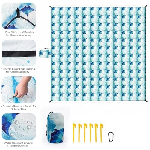 Beach Blanket Sandproof Waterproof, 213 x 213 cm Large Beach Mat with Stakes & Travel Bag, Lightweight,Quick-Dry, Portable Picnic Mat Beach Essentials for Outdoors,Cruise,Picnic & Camping, Manta Ray — view 5