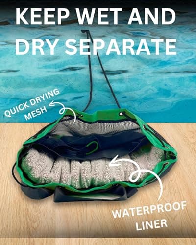 JIMJOOS Drawstring Mesh Swimming Bag - 25L Waterproof Swim Bag with Wet/Dry Compartment, Multifunctional Sports Backpack for Kids, Adults, Swimming, Surfing, Beach, Gym (Green) — view 2