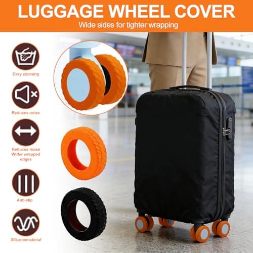 Oiieco Luggage Wheel Protectors, 8 PCS Silicone Wheel Covers for Suitcases, 50-60mm Spinner Wheels, Anti-Noise Shock Absorbing Caster Covers, Black & Orange — view 4