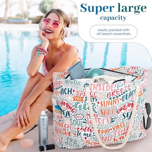 Large Beach Bag for Women with Zip,Summer Beach Tote Bags with Pockets — view 6