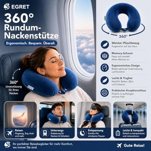EGRET Memory Foam Travel Neck Pillow - Ergonomic Neck Pillow for Airplane, Car & Office - Lightweight & Compact with Storage Bag, Sleep Mask & Earplugs (Navy Blue) — view 2