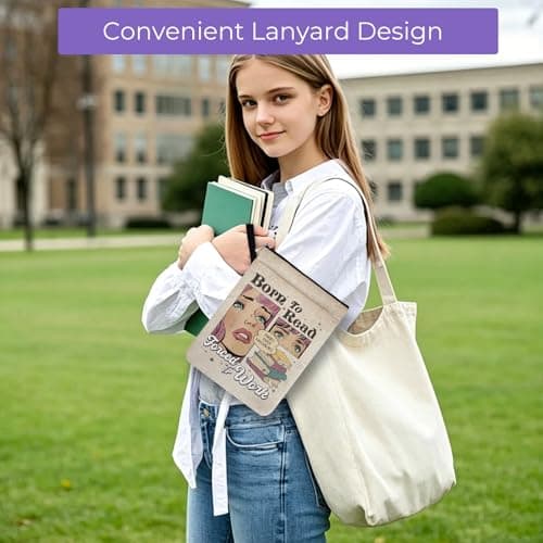 Funny Book Lover Gift Book Cover, "Born to Read Forced to Work" Book Sleeve Pouch, Polyester Book Bags for Women with Lanyard, — view 5