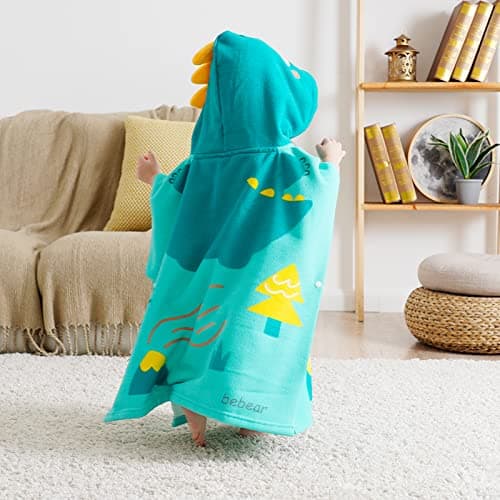 Bebamour Baby Hooded Towel, Wearable Bath Towel for Boys & Girls, Soft Absorbent Toddler Bathrobe Poncho with Hood, Quick Dry Baby Towel for Newborns & Children 0-6 Years, 60 x 65 cm, Dino