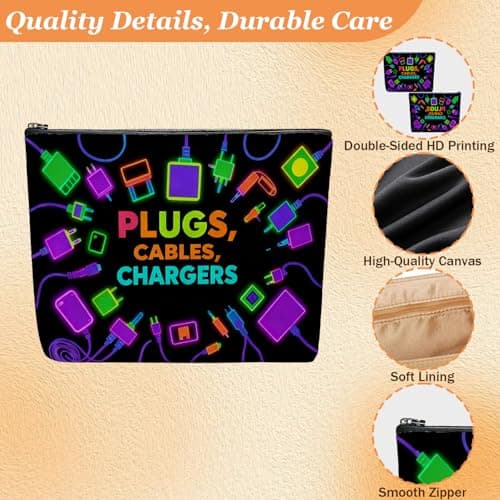Charger Bag, Colorful Canvas Make Up Bag with Padded Liner & Double-Sided Print for Travel Tech Organizer, Portable Charger Bags for Travel Accessories Power Bank Cable Storage for Women, Men, Gifts — view 3