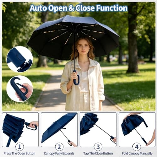 NKFBEV Travel Umbrella with Carabiner Handle, Windproof Umbrella for Rain and Sun, 10 Ribs, Auto Open Close, UV Protection, Compact Portable, Travel Umbrella Compact for Women Men Kids (Navy Blue) — view 4