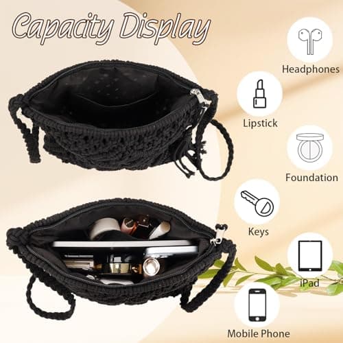 Sahunfri Straw Crossbody Bag for Women Bohemian Shoulder Bag Woven Crochet Purse For Summer Beach Travel Clutch Handbag (Black) — view 5