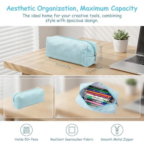 Dooaqiin Cute Pencil Case,Light Blue Pencil Case,Large Capacity Aesthetic Pencil,Stationery Organizer for Girls Secondary School Kids Travel Cosmetics — view 3