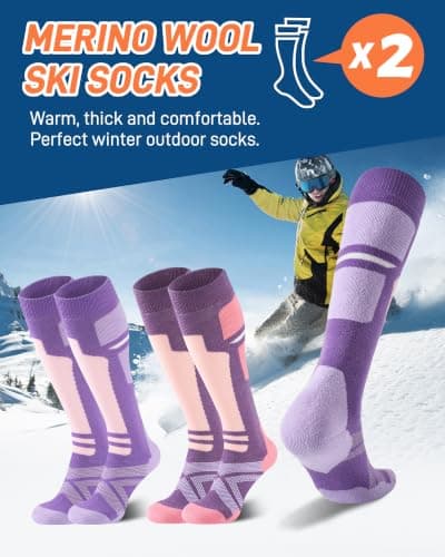 Niorasen Merino Wool Ski Socks Women, 2 Pairs Thermal Knee-High Socks for Winter, Full Cushion Thick Socks, Skiing, Snowboarding, Outdoor Sports, Hunting, Hiking, Pink/Purple 2 Pairs, UK 3-8 — view 2