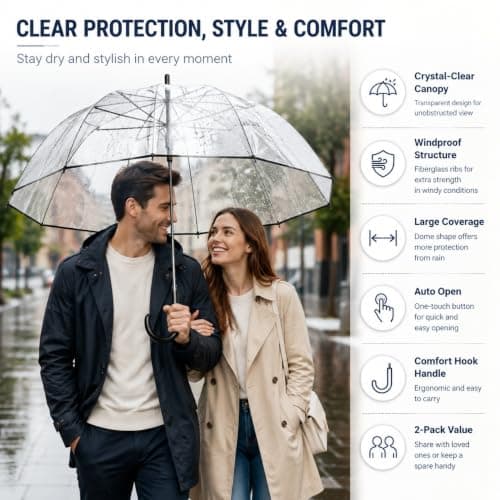 2 Pcs Black Clear Bubble Umbrella Transparent Dome Rain Umbrella Windproof See Through Canopy Fiberglass Frame Large Coverage Wedding Photography Prom Graduation Outdoor Events Travel Men Women, Black — view 2