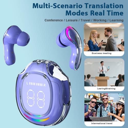 TWS AI Language Translator Earbuds Real Time, Supports 144 Languages, Earphone 3-in-1 Accents，Headphones Language Earbud Translators Bluetooth & APP for Travel, Business, and Learning（Purple） — view 3