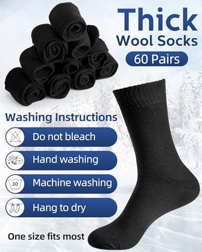 Toulite 60 Pairs Mens and Womens Thermal Winter Socks Bulk Warm Thick Cozy Boot Socks Pack Winter Hiking Socks Men Heavy Duty Cold Weather Socks Bulk Socks for Homeless Care, Black, One Size — view 3