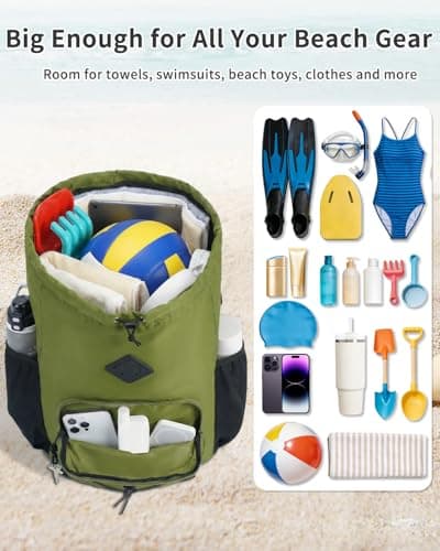 WANDF Drawstring Gym Bag Swim Bag with Removable Wet Pocket, Sandproof Beach Backpack with Compression Strap for Mat for Pool, Travel, Workout Gear (Green) — view 5