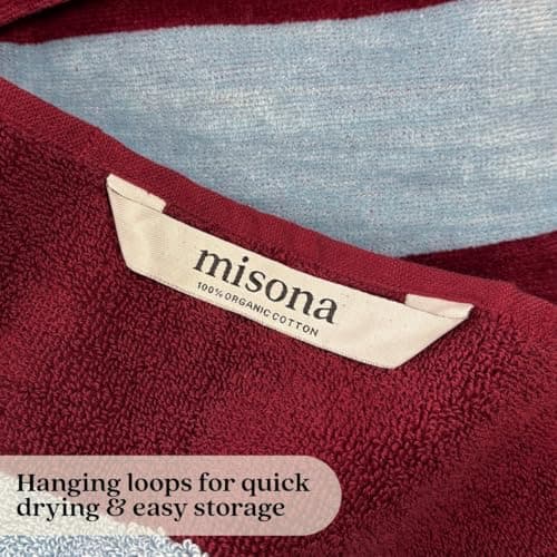 Misona Large Organic Cotton Beach Towel - GOTS-Certified, Extra-Large 90 x 180 cm, Plush Dual-Sided Velour & Terry, Striped Summer Towel for Beach, Pool & Travel (Burgundy & Sky Blue) — view 6