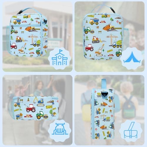 Clastyle Car Insulated Lunch Bag Truck Large Thermal Cooler Bag for Boy Picnic Lunch Box Tote, Blue Construction — view 6