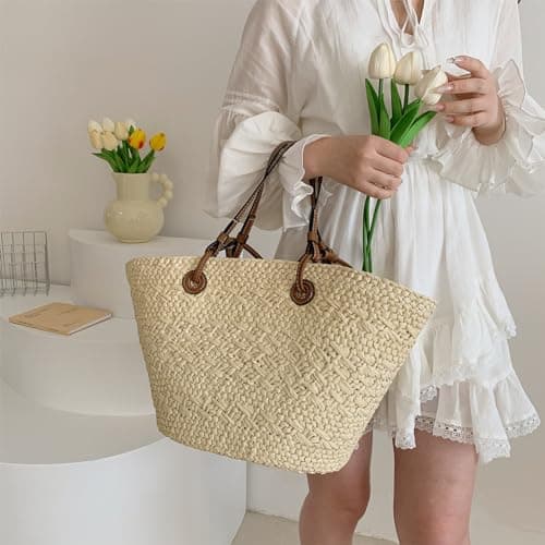 Fiorky Straw Tote Beach Bag Striped Shoulder Handbag Women Woven Tote Bag Fashion Shoulder Bag Large Capacity Summer Beach Bags Trendy Braided Bag Stylish Weaving Bag for Shopping Picnic — view 2