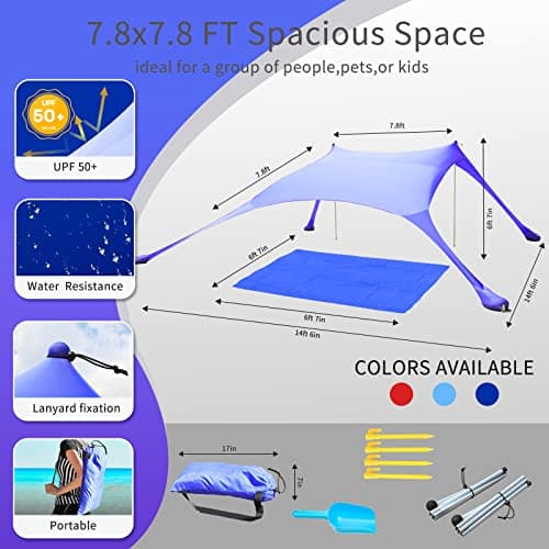 Cuupo Beach Tent Pop Up 2x2.1m UPF 50 Lycra Sun Shade Outdoor Anti-Wind Sun Protection with Stability Poles Backyard with Beach Blanket Royal Blue — view 6