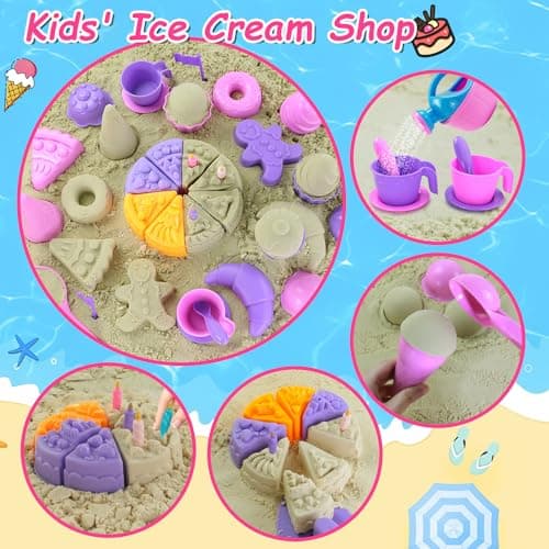 Elovien Beach Sand Toys, 50Pcs Sandpit Toys with 2 Collapsible Buckets and Spade, Mesh Backpack Bag, Ice Cream, Cake & Castle Sand Molds, Summer Outdoor Travel Toys for Kids Toddlers Girls — view 6
