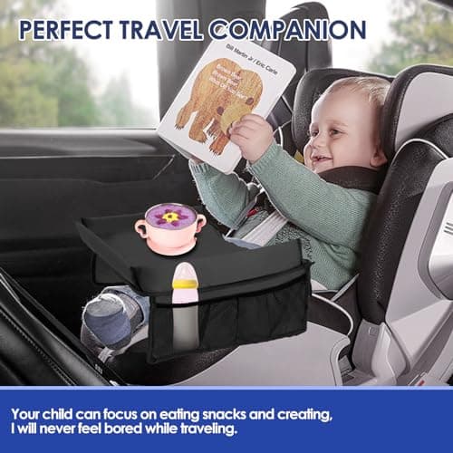 Kids Travel Tray for Toddler Car Seat, Foldable Car Tray Toddler Car Seat Tray with Pocket and Adjustable Shoulder Strap, Kids Car Lap Tray Snack Play Travel Tray for Kids Travel Airplane(Black) — view 5