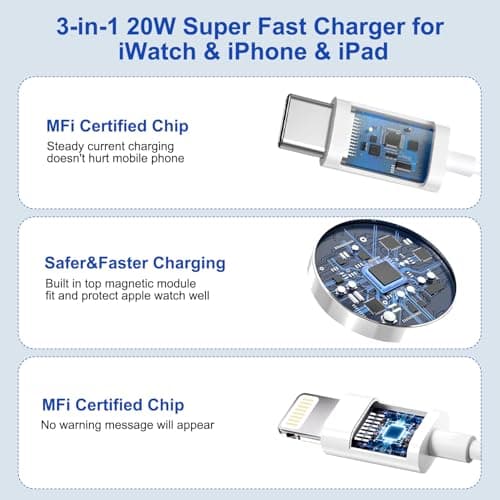 3 in 2 Multi Charger Cable for Apple Watch, iWatch Charger Travel Essentials Multi Fast Charging Cable for Apple Watch Series Ultra/11/10/9/8/7/6/5/4/3/2 & iPhone 17/16/AirPods, Samsung Galaxy S25/S24 — view 5