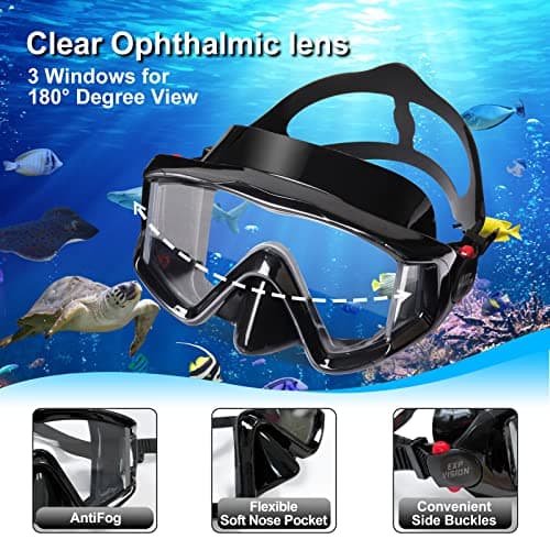 Dry Snorkel Set, Pano 3 Window Snorkel Mask, Anti-Fog Scuba Diving Goggles and Snorkel, Professional Adult Snorkeling Swim Mask Gear (Black Set) — view 2