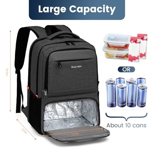 RUCYEN Lunch Backpack, Insulated Cooler Lunch Box for Men Women, 15.6 Inches RFID Blocking Laptop Backpack with USB Port Lunch Bag for Work Travel Black — view 3