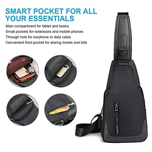Aucuu Men's Shoulder Bags, Anti-theft Sling Bag, Lightweight Travel Chest Bag with USB Charging Port for Traveling, Outdoor, Sports - Black（16 * 6 * 31cm） — view 3