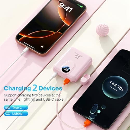 Power Bank 10000mAh, Fast Charging Portable Charger with Built-in Cables, 22.5W 4 Outputs LED Display, Small USB C Battery Pack for iPhone 16 15 14 iPad Tablets (Pink) — view 5