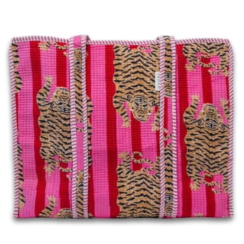 IBOAH Large Quilted Cotton Tote Bag Tiger Print, Beach Travel (Pink and Red)