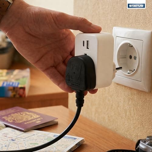 Status UK to EU Travel Adaptor, USB-A & USB-C Ports, White — view 6