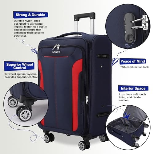 Infinity Leather Expandable 3 Piece Luggage Sets Soft Shell Lightweight Nylon Travel Cabin Case Holiday Suitcase Bags (3 Pcs Set Including Cabin,M,L) — view 3