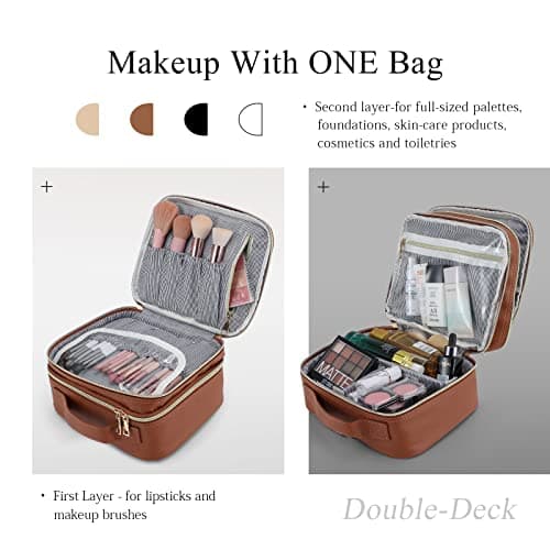 Joligrace Double Layer Makeup Bag Cosmetic Case Vanity Travel Beauty Box Make Up Train Case Hairdressing Tools Organiser with Adjustable Compartment, Brown — view 2