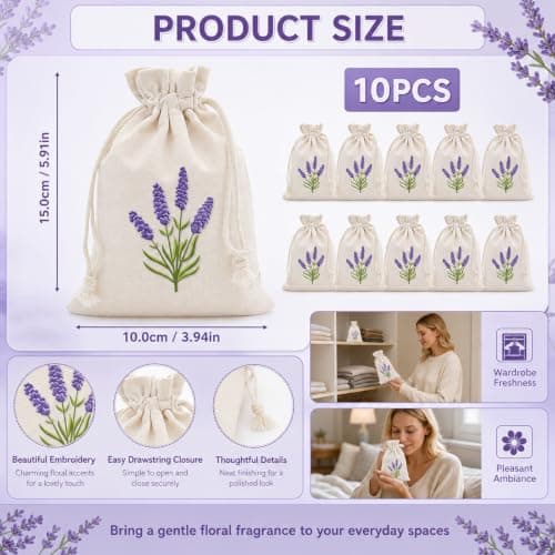 10 PCS Lavender Bags for Moths, lavender bags empty for Wardrobe Protection and Car Freshening,Drawstring Fabric Pouches for Aromatherapy and Jewellery Storage, Compact 10 x 15 cm Size — view 2