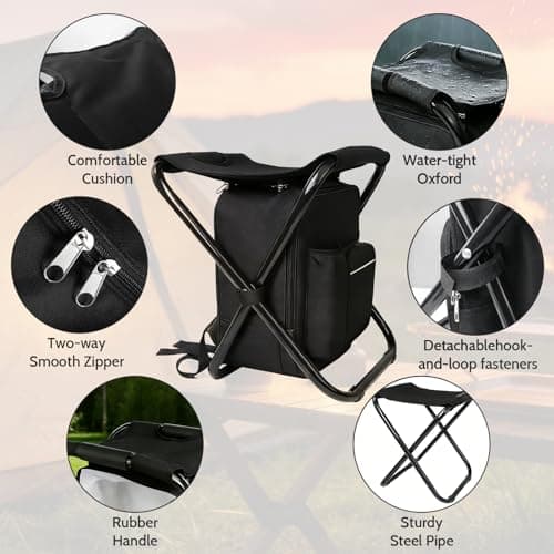 SDLDEER Foldable Camping Chair Backpack with Cooler Insulated Picnic Bag, Detachable Portable Camping Stool Hiking Seat Table Bag for Outdoor Indoor Fishing Travel Beach (Black) — view 6