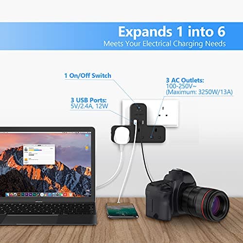 Plug Adaptor UK 3 Way, JSVER Plugs Extension Sockets with 3 USB Slots(5V/2.4A) Wall Socket Extension 13A for Home, Office, Kitchen,Black — view 2