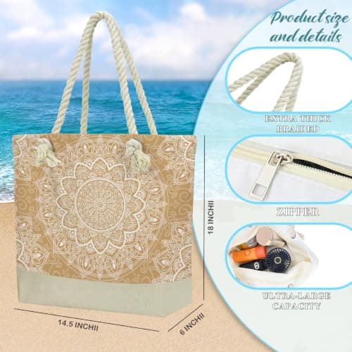 Fokongna Beach Bags Waterproof Sandproof Tote Bag Travel Bags for Women 1267-1297, Gold Mandala, 18"x14.5"x6", Gold Mandala — view 4