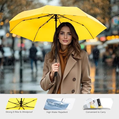 SoulRain Travel Umbrella - Windproof and Compact Umbrella for Rain - Perfect Large Auto Folding Umbrella - Ideal Car umbrella, Golf umbrella, and Travel Companion (Yellow) — view 6
