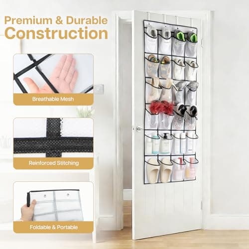 lafo Over Door Shoe Storage, Shoe Organizer with 24 Pockets, Hanging Storage for Closet, Bedroom, Bathroom, 4 Reinforced Hooks, Large Mesh Shoe Hanger, Space Saving (White, 24 squares) — view 5