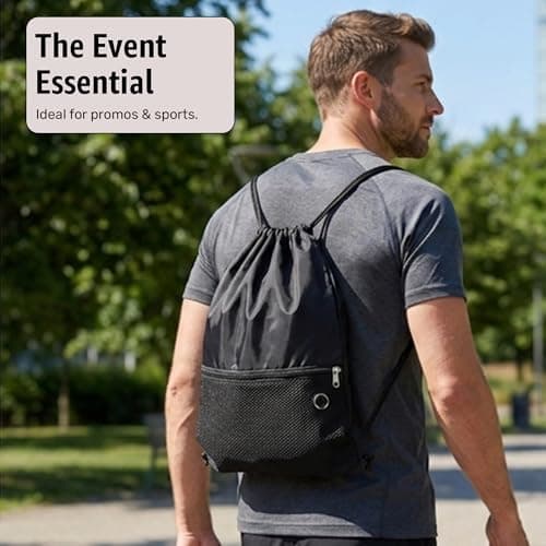 Bodygenix Unisex Drawstring Backpack for Sports – Lightweight Polyester Bag with Front Zip Pocket & Headphone Port – Waterproof Cinch String Bag for Sports, School, Swim, Travel & Beach Use - Black — view 4