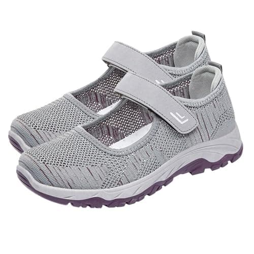 Women’s Mary Jane Shoes Lightweight Walking Sneaker Mesh Breathable Slip On Knit Flats Casual Soft Shoes Adjustable Ankle Strap Loafers Grey