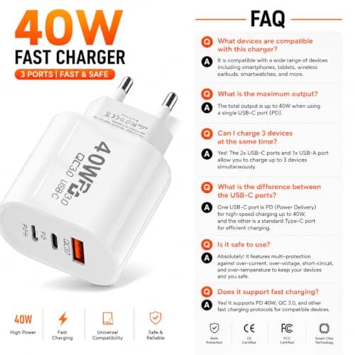 European Travel Charger Plug with 2 USB-C Ports & 1 USB-A Port – Fast Charging, Compact, Durable – Compatible with iPhone, Android, iPad, Laptop – Premium Quality — view 4