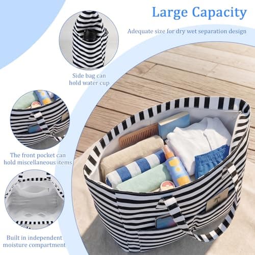 Large Beach Bag for Women with Zipper, Waterproof Summer Beach Tote Bags with Pockets, Holiday Essentials Family Travel Bag with Wet Compartment, Oxford Cloth Shopping Bags(Style 2) — view 3