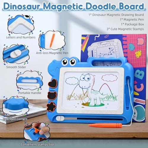 AiTuiTui Dinosaur Magnetic Drawing Board Kids Toys for 2 3 4 5 Years Old Girls Boys Birthday Gifts, Colorful Erasable Doodle Pad Education Learning Kid Age 2-7, Toddler Drawing Travel Toys (Blue) — view 4