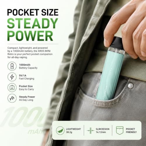 Vaporesso XROS Mini Retro Vape Pod Kit [8 Colors] 18W Max Output |1000mAh Battery|LED Battery Indicator|Type-C Fast Charge Vape Device – Compatible with ALL XROS Pods - No Nicotine (Sky Blue) — view 4