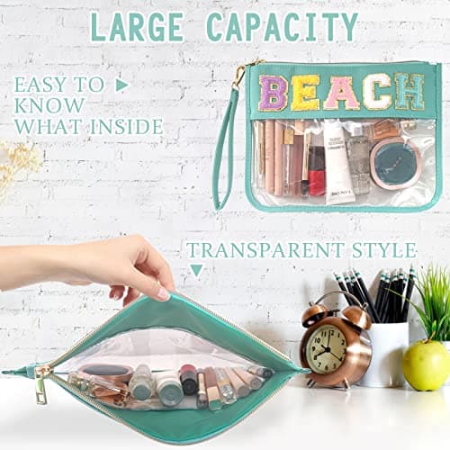 Chenille Letter Clear Zipper Flat Pouch Transparent Waterproof Stuff Cosmetic Bags Travel Makeup Bag with Zipper Toiletry Bag with Preppy Patch for Women & Children, Travel, Gym, Beach — view 3