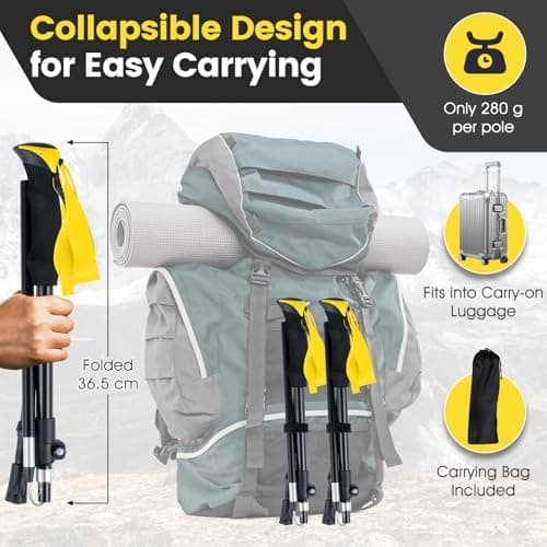 COSTWAY 2 Pack Telescopic Trekking Poles, Portable Aluminum Hiking Sticks, Lightweight Walking Poles for Camping Backpacking (with EVA Foam Handles & Carry Bag, Folding, Yellow) — view 3