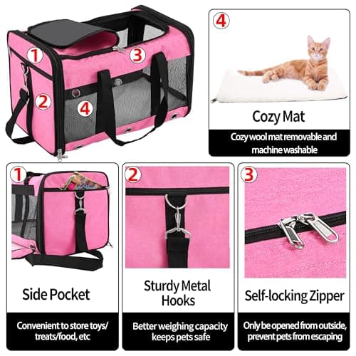Soft Sided Foldable Cat/Dog/Pet Carrier Bag, Portable Puppy/Pets Travel Carriers For Cats/Dogs With Shoulder Strap & Removable Mat, Durable Cat Basket of 17 lbs Airline Approved - Pink, M — view 4