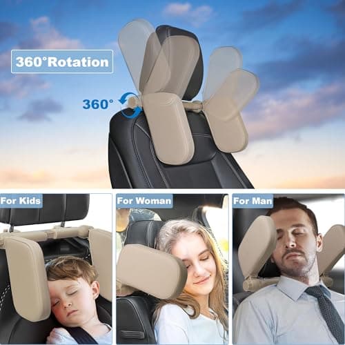 C COMCROSFLY Car Headrest Pillow, Adjustable Head Rest Pillow for Car Seat, Head Neck Support for Kids Adults Travel Sleeping, Fit for Headrest with Poles (Beige) — view 6