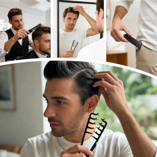 Texture Comb, Texture Wide Tooth Comb, Dual Tool Set for Men's Hair Styling, ABS Material Black, Volume Boosting Tool for Daily Grooming Home Barber and Travel — view 2
