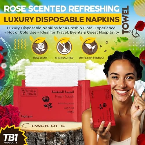 TB1 Products Luxury Towel Wipes 6 Pack – Rose Scent – Large 25x25cm Disposable Towels – Individually Wrapped Soft Napkins for Face, Hands & Body – Hot or Cold Use for Travel & Events — view 2