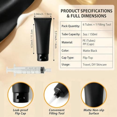 Upstore 6Pcs 150ml 5oz Black Plastic Travel Bottles Refillable Squeeze Soft Tubes with Flip Top Cap for Shampoo Lotion Toiletries Makeup Cosmetic Storage — view 2